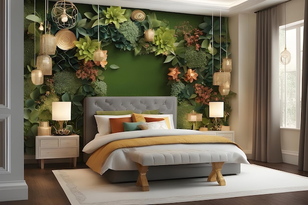 Rendu 3D d'un intérieur de chambre moderne avec un lit et des plantes décoratives