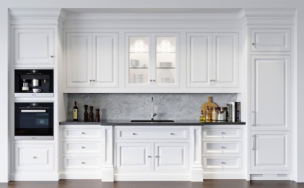 Rendu 3d intérieur de conception de cuisine armoire blanche classique de luxe