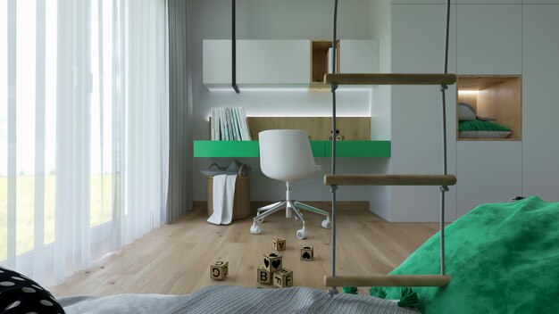 rendu 3d intérieur de design d'intérieur de chambre d'enfant vert