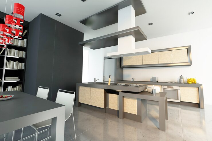 Photo rendu 3d d'un intérieur haut de gamme moderne avec cuisine ouverte et bibliothèque