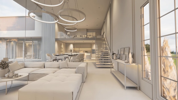 Rendu 3d Intérieur maison moderne espace de vie ouvert avec cuisineRésidence d'appartements en duplex de style moderne de luxeDécoration de la maison design d'intérieur de luxe