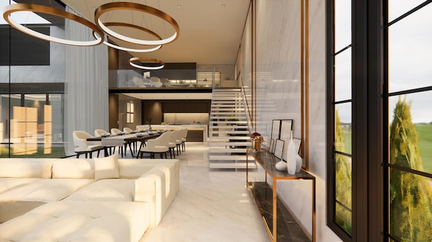 Rendu 3d Intérieur maison moderne espace de vie ouvert avec cuisineRésidence d'appartements en duplex de style moderne de luxeDécoration de la maison design d'intérieur de luxe