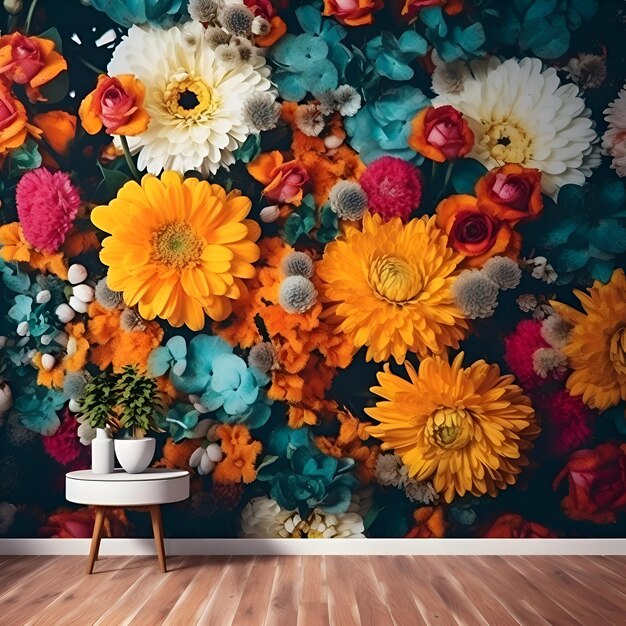 Rendu 3D d'un intérieur moderne avec un mur plein de fleurs