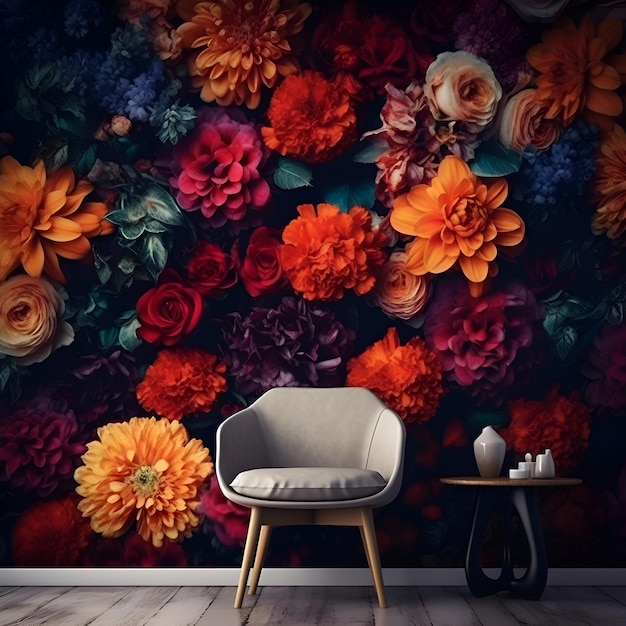 Rendu 3D d'un intérieur moderne avec un mur plein de fleurs