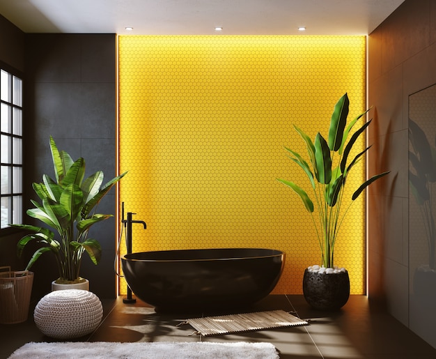 Rendu 3D. Intérieur d'une salle de bain moderne avec une mosaïque jaune sur le mur. miroir rectangulaire et lavabo rond noir.