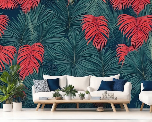 Photo rendu 3d d'un intérieur de salon moderne avec des feuilles de palmier tropicales