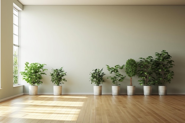 Rendu 3D d'un intérieur de salon avec des plantes en pots