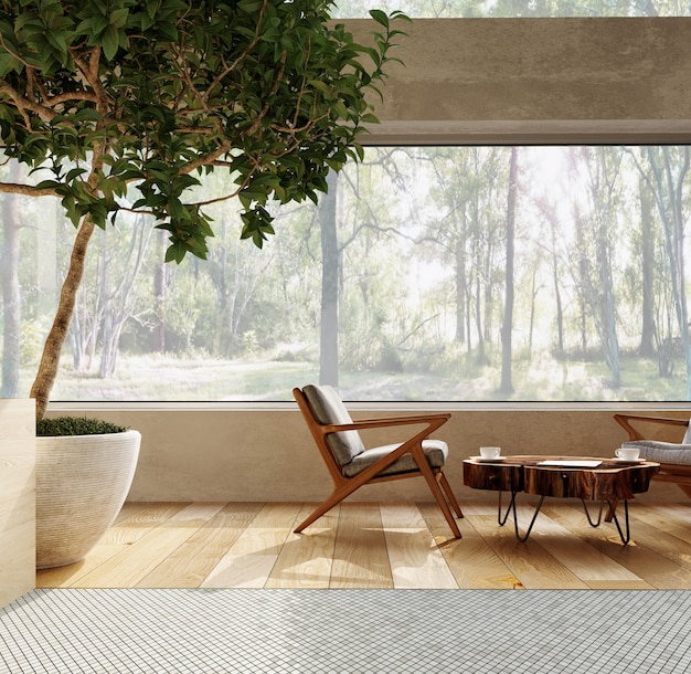 rendu 3D. Intérieur d'un studio de salon moderne avec une table basse et des fauteuils confortables.