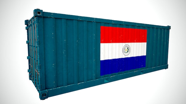 Rendu 3d isolé expédition conteneur de fret maritime texturé avec le drapeau national du Paraguay fond avec le drapeau du Paraguay