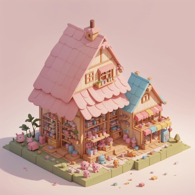 Rendu 3D isométrique low poly d'une jolie petite maison