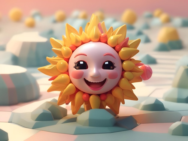 Rendu 3d isométrique mignon minuscule soleil joyeux