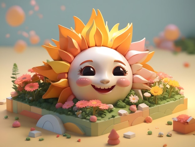 Rendu 3d isométrique mignon minuscule soleil joyeux