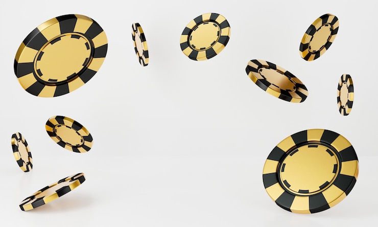 Photo rendu 3d de jetons de casino tombant sur fond blanc.