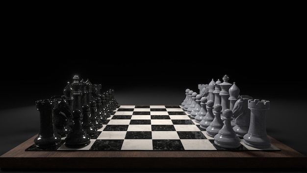 Rendu 3D d'un jeu d'échecs Pièces de marbre sur un échiquier