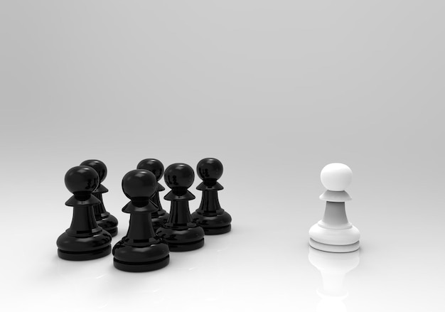 Photo rendu 3d un jeu d'échecs pion blanc avec des pions noirs sur fond gris un combat avec un concept d'équipe