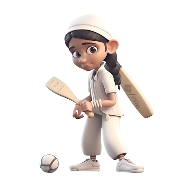 Rendu 3D d'un joli joueur de baseball de dessin animé avec une batte et une balle