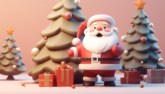 un rendu 3D d'un joli père Noël et d'un arbre de Noël