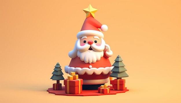 un rendu 3D d'un joli père Noël et d'un arbre de Noël