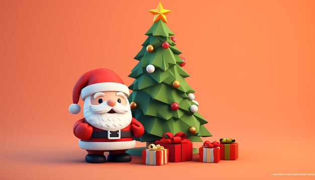 un rendu 3D d'un joli père Noël et d'un arbre de Noël