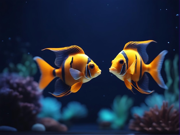 Rendu 3D d'un joli poisson tropical dans un aquarium sur fond bleu foncé généré par ai