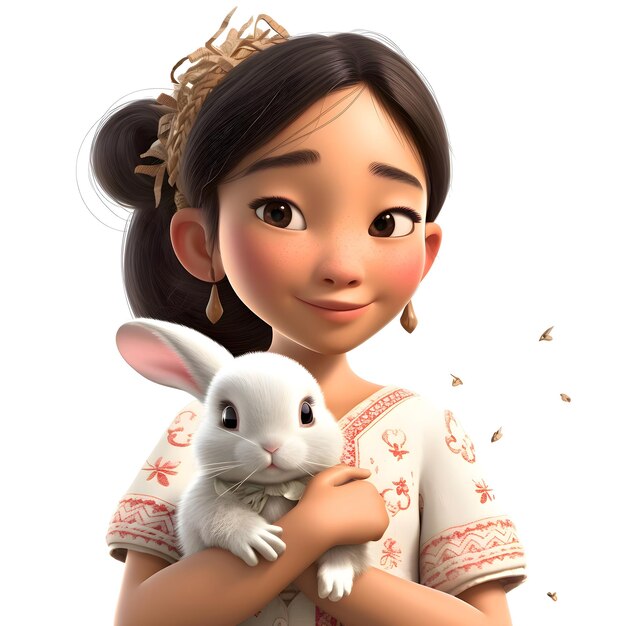 Photo rendu 3d d'une jolie fille asiatique tenant un lapin blanc