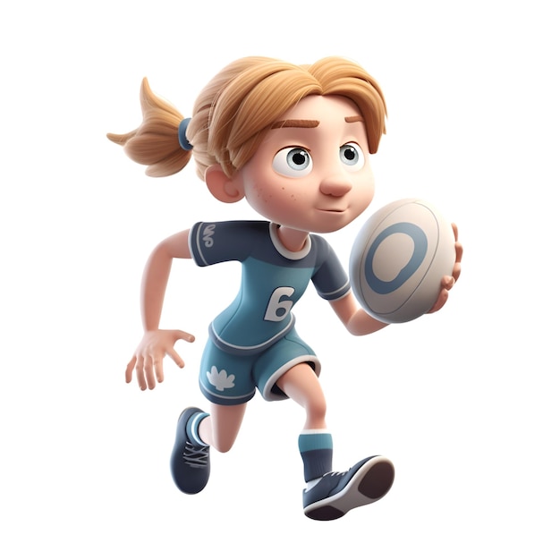 Rendu 3D d'une jolie fille de dessin animé courant avec un ballon de rugby