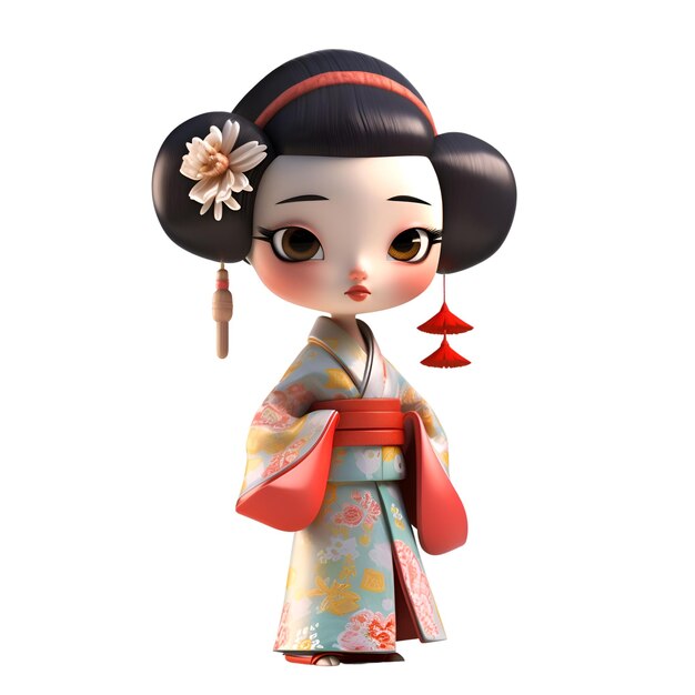 rendu 3d d'une jolie fille kimono avec sakura