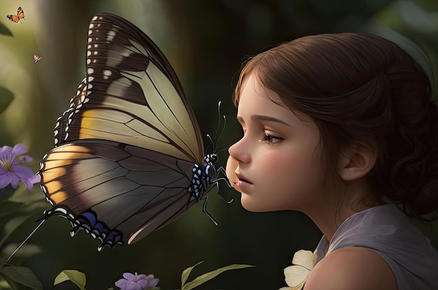 Rendu 3D d'une jolie petite fille et d'un papillon dans le jardin