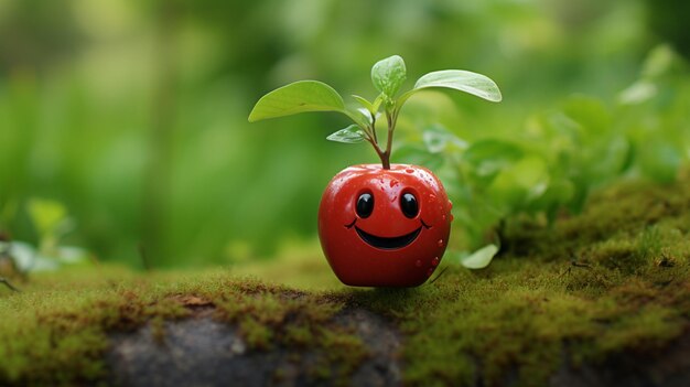 Rendu 3D Jolie pomme rouge heureuse dans le jardin avec de grands yeux