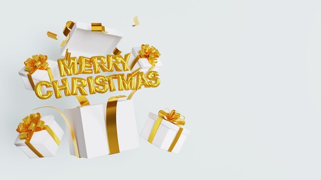 Rendu 3d joyeux noël ballon doré lettrage de texte avec boîte-cadeau