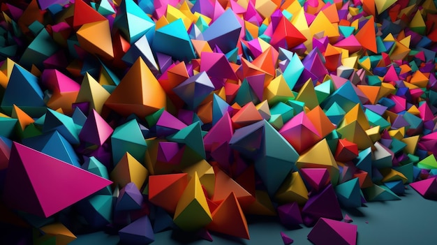 Rendu 3d joyeux de pyramides multicolores situées horizontalement sur une surface plane