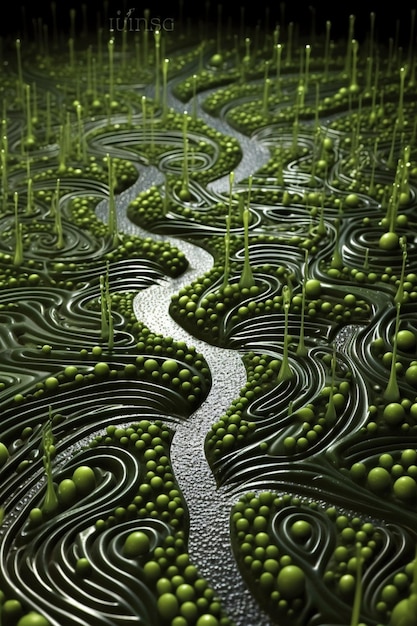 un rendu 3D d'un labyrinthe de gouttes de rosée sur une seule feuille