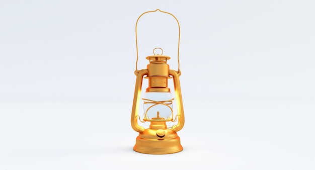 Rendu 3D d'une lampe à pétrole dorée isolée sur fond blanc, lanterne en or vintage.