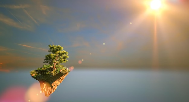 Rendu 3D Île flottante fantastique avec arbre naturel sur le rocher paysage flottant surréaliste avec concept paradisiaque