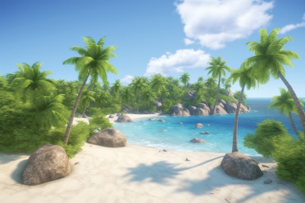 Rendu 3D Île tropicale avec palmiers dans l'océan