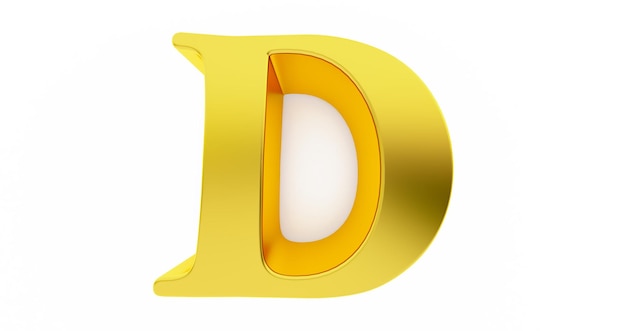 Rendu 3D de la lettre D dorée isolée sur fond blanc