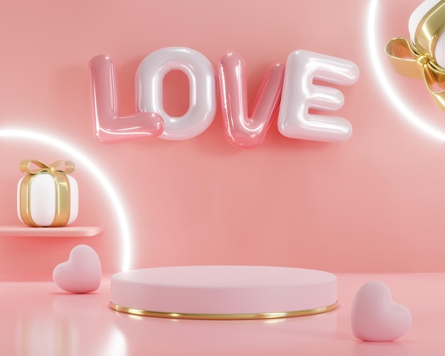 Rendu 3d Lettre LOVE boîte-cadeau coeur rose et support de podium pour montrer l'affichage du produit sur fond de couleur rose et lumière annulaire Toile de fond de formes géométriques minimales abstraites pour la conception de la Saint-Valentin