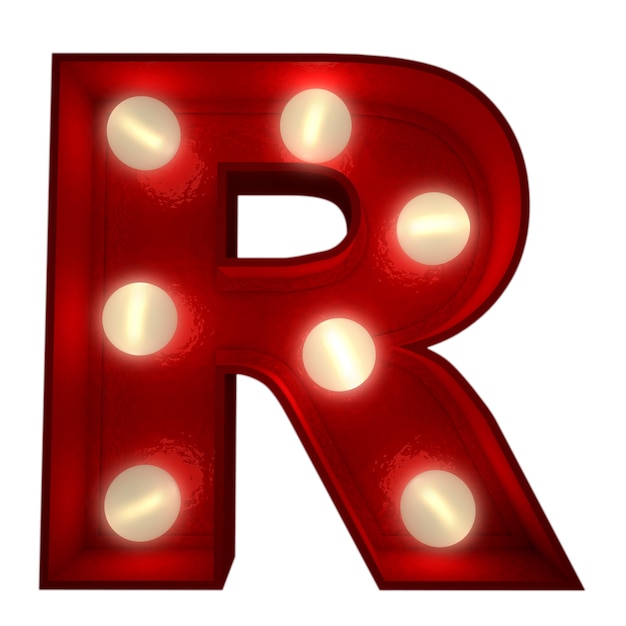 Rendu 3D d'une lettre R lumineuse idéale pour les signes du show business