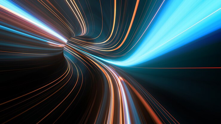 Photo rendu 3d de lignes abstraites en mouvement rapide avec des reflets lumineux éclatants. flou de mouvement à grande vitesse.
