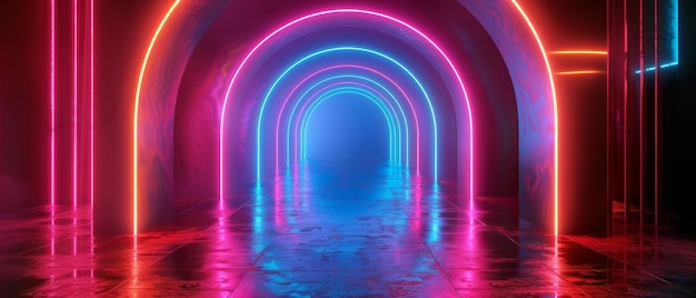 Un rendu 3D de lignes lumineuses tunnel néons lumières réalité virtuelle arrière-plan abstrait arche de portail carré couleurs vives et un spectacle laser sont inclus