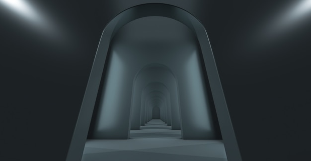 Rendu 3D d'un long tunnel avec des arches