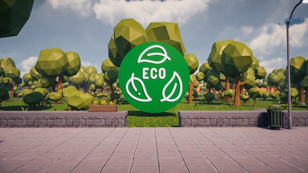 Rendu 3D low Polygon eco icône au centre avec environnement en arrière-plan