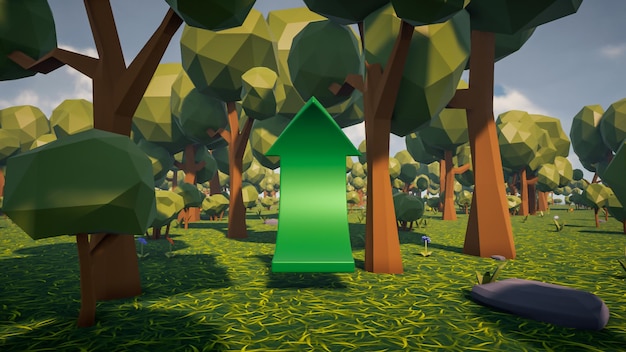 Rendu 3D low Polygon une flèche verte pour montrer une direction avec l'environnement en arrière-plan