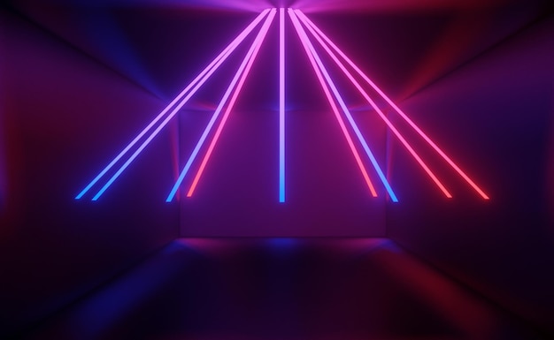 Rendu 3d de la lumière néon RVB sur fond sombre. Les lignes laser abstraites s'affichent la nuit. Scène de faisceau de spectre ultraviolet pour maquette et bannière Web.