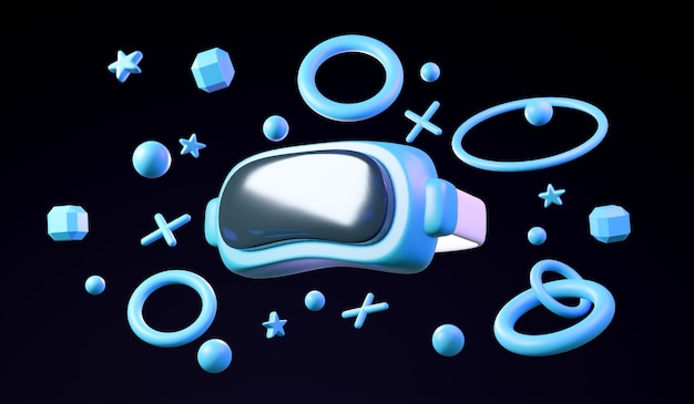 Rendu 3D de lunettes VR avec des éléments sur le concept d'arrière-plan technologie future jeu réalité virtuelle rendu 3D illustration style dessin animé