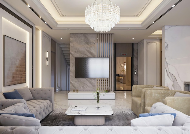 Rendu 3d luxe néoclassique vivant et intérieur de cuisine ouverte