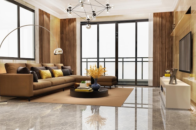 Rendu 3d luxe et salon moderne avec canapé en cuir