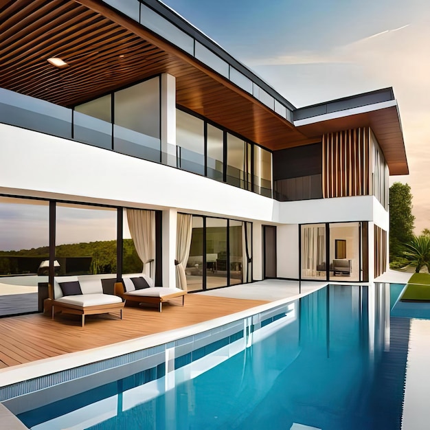 Rendu 3D d'une luxueuse villa blanche moderne avec piscine