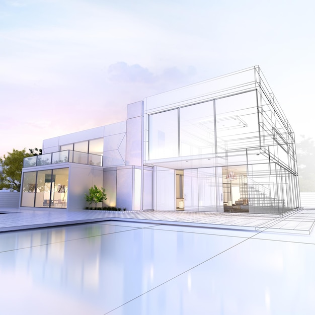 Photo rendu 3d d'une luxueuse villa avec rendu réaliste contrasté et wireframe