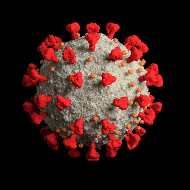 Rendu 3d macro détaillé de la cellule nCov. Notion de virus. Visualisation du coronavirus.